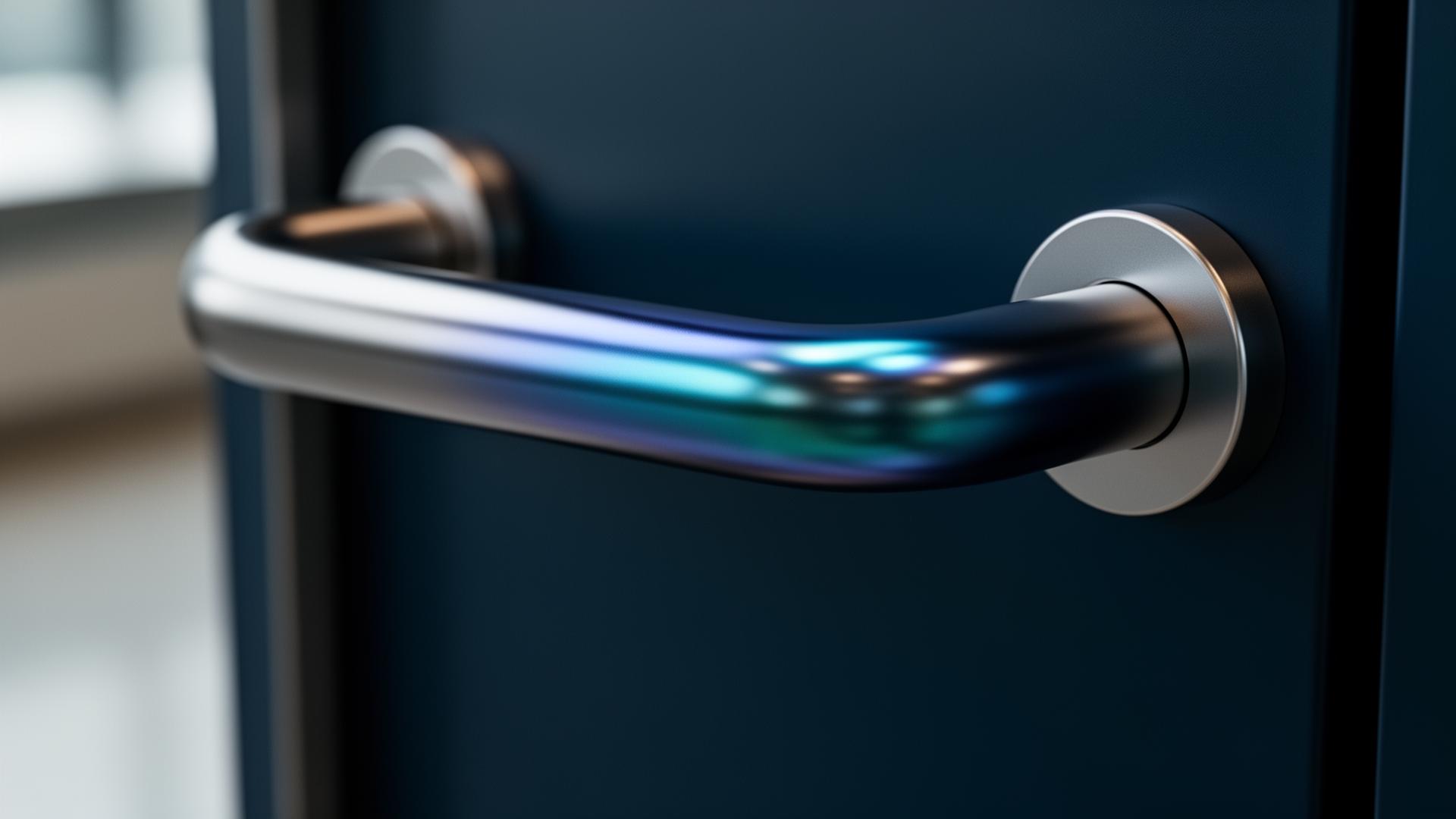 Door handle coated with a self-disinfecting nanolayer with subtle iridescent reflection